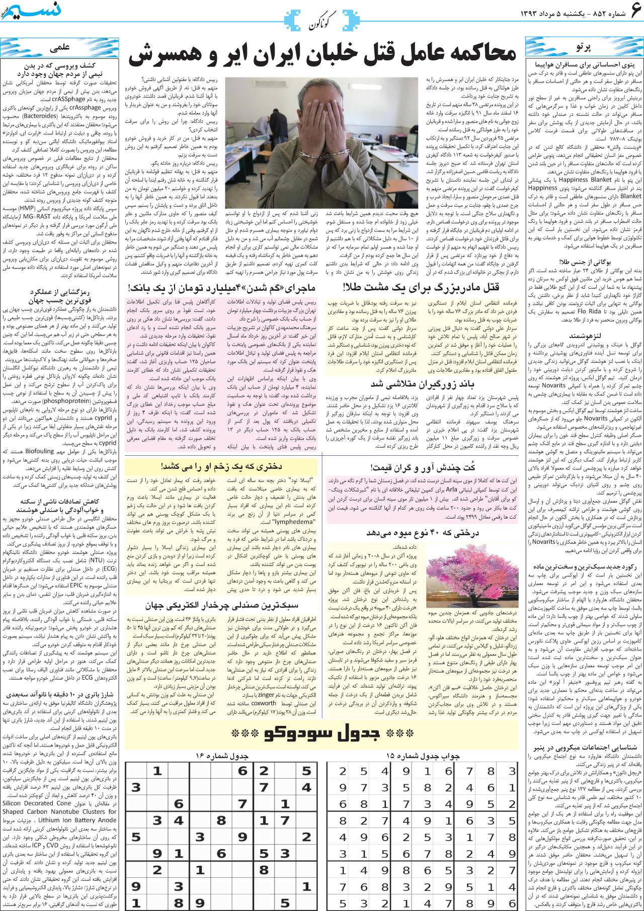 صفحه گوناگون روزنامه نسیم شماره 852